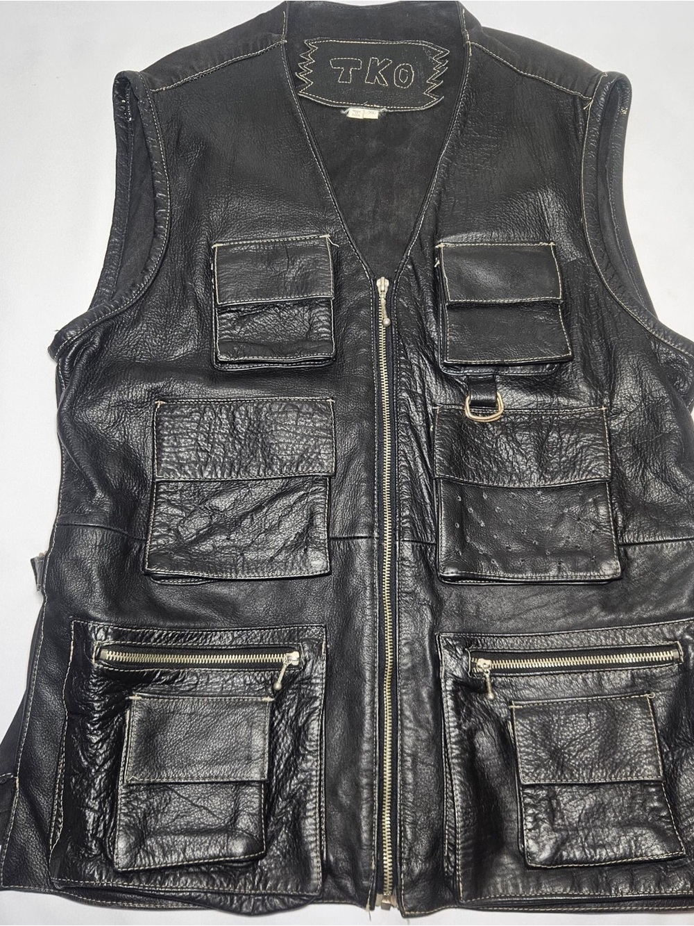 Vintage TKO Black Leather Biker Vest - Size XL (Heavy Grain, Multi-Pocket) - AS-